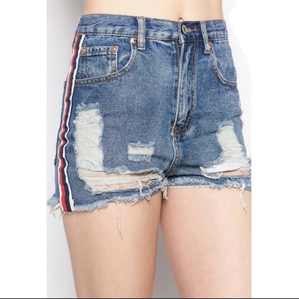 Signature8 Blue Distressed Jean Shorts with Red Stripe